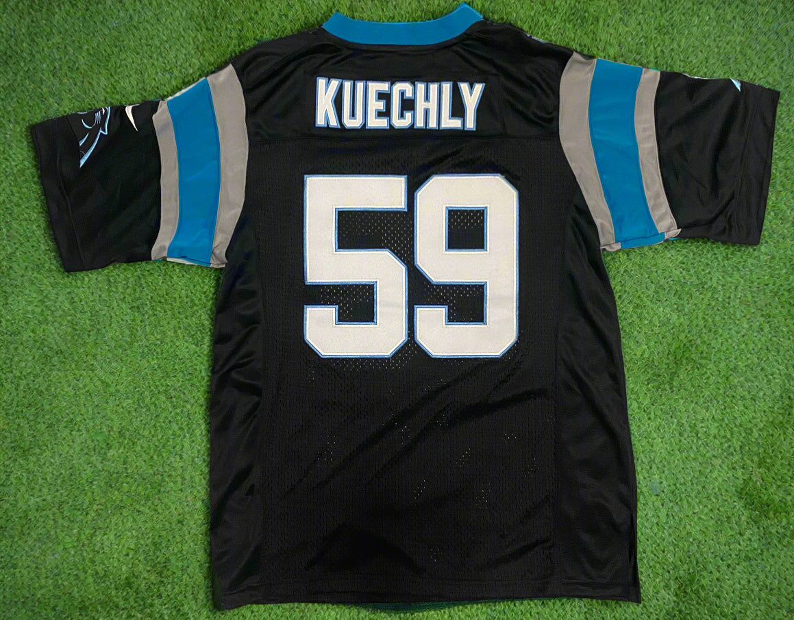 Carolina Panthers Luke Kuechly Black Jersey #59 Stitched on Field Nike NFL Large & Carolina Panthers New Era 9Fifty Snapback Hat Cap Men NFL Football Blue & Black 2N1