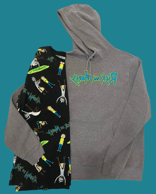Rick And Morty Large Black T-Shirt & Larger Grey Hoodie  Men's Large  Adult Swim 2N1