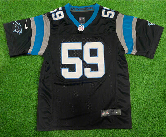 Carolina Panthers Luke Kuechly Black Jersey #59 Stitched on Field Nike NFL Large & Carolina Panthers New Era 9Fifty Snapback Hat Cap Men NFL Football Blue & Black 2N1